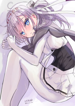 1girl absurdres blue_eyes blush bodysuit breasts clothes_writing gloves grey_eyes grey_hair hachimaki hair_between_eyes headband highres hizaka kantai_collection long_hair looking_at_viewer lying medium_breasts neckerchief one_side_up sailor_collar school_uniform serafuku signature skirt smile solo suzutsuki_(kancolle) twitter_username white_bodysuit