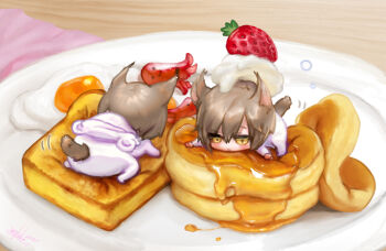 1boy animal_ears animal_hood arknights bread bread_slice brown_eyes brown_hair chibi closed_mouth fake_animal_ears food fried_egg fruit hair_between_eyes highres hood hood_down in_food male_focus motion_lines multiple_views myluche onesie pancake pancake_stack phantom_(arknights) plate strawberry tail toast tragodia_(arknights)