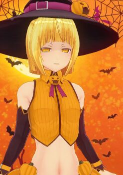 1girl black_hat bleach bleach:_sennen_kessen-hen blonde_hair blunt_bangs bob_cut breasts commentary_request crop_top detached_sleeves expressionless hat jack-o&#039;-lantern liltotto_lamperd m1gm1gmagnesium midriff orange_background shirt short_hair silk simple_bat sleeveless sleeveless_shirt small_breasts solo spider_web upper_body witch_hat yellow_eyes