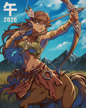 1girl 2026 aiming animal_ears armlet armpits arrow_(projectile) bare_shoulders belt belt_pouch blue_eyes blue_sky bow_(weapon) breasts brown_belt brown_hair brown_headband centaur chinese_zodiac choker cloud commentary_request cowboy_shot crop_top dark-skinned_female dark_skin day floating_hair grasslands green_shirt groin hair_between_eyes headband highres holding holding_bow_(weapon) holding_weapon horse_ears horse_tail horseshoe_ornament jewelry long_hair medium_breasts midriff monster_girl mountain multiple_legs navel necklace original outdoors parted_lips pouch sanpaku shirt sidelocks sky sleeveless sleeveless_shirt solo standing standing_on_three_legs tail taur tooth_necklace weapon year_of_the_horse yuka_ne_(denim)