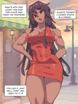 1girl black_hair breasts brown_eyes cocktail_dress covered_navel dark-skinned_female dark_skin dress english_text evening hand_on_own_hip katawa_shoujo lamppost large_breasts long_hair looking_at_viewer miura_miki muscular muscular_female outdoors pov purple_hair raised_eyebrow rtil single_bare_shoulder solo thighs
