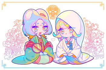 1boy 1girl animal_ears artist_self-insert blonde_hair blue_hair blush_stickers chibi commentary_request danganronpa_(series) danganronpa_2:_goodbye_despair facial_mark forehead_mark heart highres holding japanese_clothes kimono medium_hair orange_eyes original pout red_sash saionji_hiyoko sash seiza shiromuku shizhong_wu_di_fushang short_eyebrows sitting uchikake white_kimono