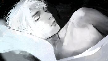 1boy aegyo_sal angela_he black_background closed_eyes expressionless facing_viewer game_cg greyscale head_on_pillow highres i_woke_up_next_to_you_again large_variant_set looking_at_viewer lying male_focus monochrome non-web_source official_art on_side painterly pillow short_hair simple_background toned toned_male under_covers upper_body variant_set white_hair