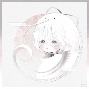 1girl adversarial_noise artist_name blush border dot_nose ear_blush eyelashes gradient_border hair_between_eyes hair_ribbon highres long_hair looking_afar monochrome original portrait ribbon scales solo square thk_41