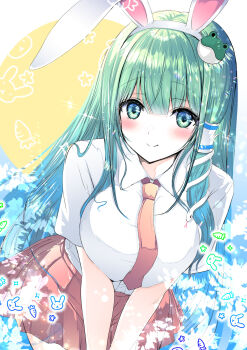 1girl alternate_costume animal_ear_hairband animal_ears blush breasts closed_mouth collared_shirt cosplay dot_nose dress_shirt fake_animal_ears frog_hair_ornament green_eyes green_hair hair_intakes hair_ornament hair_tubes hairband highres kochiya_sanae large_breasts leaning_forward long_hair miniskirt necktie pink_necktie pink_skirt pleated_skirt rabbit_ear_hairband rabbit_ears reisen_udongein_inaba reisen_udongein_inaba_(cosplay) shirt short_hair single_hair_tube single_sidelock skirt smile snake_hair_ornament solo tomo_(uguisu-tei) touhou upper_body white_shirt