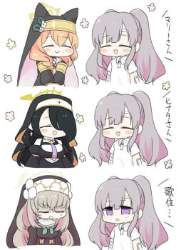 4girls :d ^_^ animal_ears bandaged_arm bandages black_dress black_hair blue_archive braid breasts brown_hair chibi closed_eyes closed_mouth collared_shirt crossover dress fake_animal_ears flower hair_between_eyes hair_over_one_eye hair_over_shoulder halo hinata_(blue_archive) idolmaster idolmaster_shiny_colors large_breasts long_hair mari_(blue_archive) miranofuudoria multiple_girls nun open_mouth orange_hair polo_shirt purple_eyes sakurako_(blue_archive) shirt short_sleeves simple_background smile translation_request twintails veil very_long_hair white_background white_flower white_shirt yukoku_kiriko