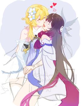 +++ 2girls :d artist_name bare_shoulders blonde_hair brown_hair closed_eyes colored_inner_hair columbina_(genshin_impact) commentary couple detached_sleeves dress english_commentary flower furrowed_brow genshin_impact gradient_hair grey_background hair_between_eyes hair_flaps hair_flower hair_ornament hand_on_another's_shoulder happy_tears head_wings heart highres holding_hands kiss kissing_cheek light_blush long_hair long_sidelocks long_sleeves loving_aura low-tied_sidelocks lumine_(genshin_impact) multicolored_flower multicolored_hair multiple_girls multiple_wings open_mouth pink_hair profile sanim12607849 short_hair_with_long_locks sidelocks sideways_mouth simple_background sketch smile teardrop tears tears_from_one_eye two-tone_background two-tone_flower very_long_hair watermark white_background white_dress white_flower white_sleeves wings x-shaped_eyewear yuri