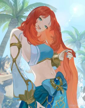 3girls :d alternate_hairstyle black_hair blue_eyes blue_nails blue_skirt breasts commentary_request dehya_(genshin_impact) detached_sleeves genshin_impact highres long_hair looking_at_viewer medium_breasts midriff mochimochi_ocha multiple_girls navel nilou_(genshin_impact) no_headwear open_mouth palm_tree red_hair skirt smile solo_focus tree very_long_hair