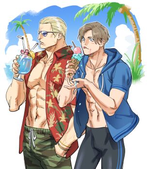 2boys abs bara black_male_swimwear blonde_hair blue_eyes brown_hair cup curtained_hair drinking drinking_straw food green_male_swimwear hawaiian_shirt holding holding_cup holding_food holding_ice_cream hood hood_down ice_cream ice_cream_cone jack_krauser jammers large_pectorals leon_s._kennedy male_focus male_swimwear multiple_boys muscular muscular_male navel open_clothes open_shirt pectorals red_shirt resident_evil resident_evil:_the_darkside_chronicles resident_evil_4 resident_evil_4_(remake) shirt short_hair sunglasses tatsumi_(psmhbpiuczn) tongue tongue_out
