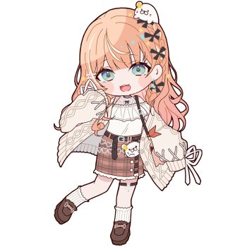 1girl belt blue_eyes braid brown_shoes cardigan chibi earrings fang full_body hand_up hashtag-only_commentary highres igarashi_rika igarashi_rika_(3rd_costume) jewelry komeshisu4545 loafers long_hair long_sleeves looking_at_viewer multicolored_hair nijisanji o-ring o-ring_thigh_strap open_cardigan open_clothes open_mouth orange_hair plaid_clothes plaid_skirt print_skirt shirt shoes simple_background skirt sleeves_past_fingers sleeves_past_wrists socks solo streaked_hair striped_clothes striped_socks thigh_strap vertical-striped_clothes vertical-striped_socks virtual_youtuber white_background white_hair white_shirt white_socks