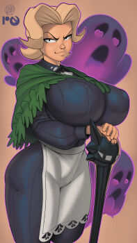 1girl agatha_(pokemon) aged_down alternate_breast_size_(larger) apron blonde_hair breasts cane capelet closed_mouth covered_erect_nipples dress ghost green_capelet highres holding large_breasts light_smile long_sleeves looking_at_viewer mature_female medium_hair neo_zoa_naughty nintendo own_hands_together pokemon purple_dress simple_background standing waist_apron white_apron