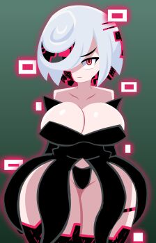 1girl absurdres arms_behind_back aura bare_shoulders black_dress black_panties breasts cleavage closed_mouth collarbone detached_sleeves dress expressionless glitch grey_background hair_over_one_eye highres jitome large_breasts looking_at_viewer multicolored_hair no_lineart outer_glow panties red_eyes red_hair sage_(sonic) shaded_face short_hair simple_background solo sonic_(series) sonic_frontiers streaked_hair thick_thighs thighhighs thighs underwear white_hair yelladrill