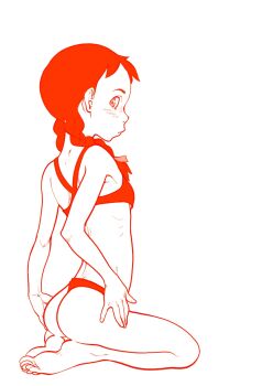 1girl anne_of_green_gables anne_shirley ass barefoot bikini blush braid feet freckles full_body highres loli looking_at_viewer monochrome profile red_theme riarutoruchokku short_bangs sideways_glance sitting soles solo swimsuit twin_braids webp-to-png_conversion world_masterpiece_theater