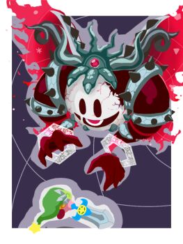 fusion green_hat hat holding holding_sword holding_weapon horns kirby kirby&#039;s_return_to_dream_land_deluxe kirby_star_allies kirby_(series) magolor magolor_soul master_crown nintendo no_humans rayman_limbs solid_oval_eyes soyoko star_(symbol) sword sword_kirby ultra_sword ultra_sword_kirby void_(kirby) void_termina weapon