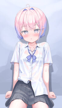 1girl :o absurdres ahoge arms_at_sides blush bow bowtie bra_visible_through_clothes breast_pocket collarbone collared_shirt colored_tips commentary_request cowboy_shot double-parted_bangs grey_eyes grey_skirt hair_intakes hair_ornament hairclip highres looking_at_viewer loose_bowtie miniskirt multicolored_hair original parted_lips pink_hair pleated_skirt pocket purple_bow purple_bowtie raodu see-through_clothes see-through_shirt shirt shirt_partially_tucked_in short_hair short_sleeves sitting skirt solo straight-on sweat watermark wet wet_clothes wet_shirt wing_collar