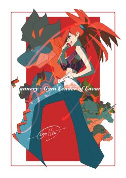 Rule 34 | 1girl, :d, absurdres, arcanine, belt, border, camerupt, cccacademia, commentary request, eyelashes, flannery (pokemon), gen 1 pokemon, gen 2 pokemon, gen 3 pokemon, gen 4 pokemon, hand on own hip, hand up, highres, long hair, magcargo, magmortar, mega camerupt, mega pokemon, nintendo, open mouth, pants, pokemon, pokemon (creature), pokemon oras, ponytail, rapidash, red background, red eyes, red hair, shirt, signature, smile, teeth, tied shirt, torkoal, upper teeth only, white belt, white border