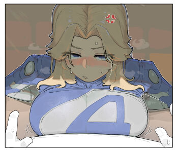 1girl anger_vein azz0422 blonde_hair blue_bodysuit blue_eyes blush bodysuit breast_press breasts commentary english_commentary fantastic_four highres implied_paizuri large_breasts looking_at_viewer marvel marvel_rivals medium_hair multicolored_bodysuit open_mouth pov sue_storm superhero_costume two-tone_bodysuit white_bodysuit
