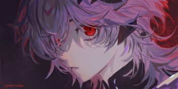 Rule 34 | 1boy, artist name, commentary, diamond-shaped pupils, diamond (shape), dragon boy, english commentary, genshin impact, hair between eyes, highres, looking at viewer, male focus, mini durin (genshin impact), mini durin (human) (genshin impact), oyakorodesu, parted lips, portrait, purple hair, red eyes, solo, symbol-shaped pupils