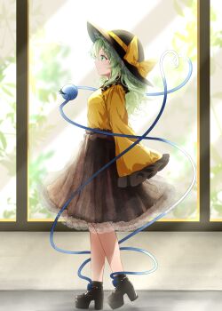 Rule 34 | 1girl, black hat, black shoes, black skirt, bow, closed mouth, commentary, eyeball, frilled shirt collar, frilled sleeves, frills, from side, full body, green eyes, green hair, hat, hat bow, heart, heart of string, high heels, highres, komeiji koishi, long hair, long sleeves, nanahana nanana, shirt, shoes, skirt, sleeves past fingers, sleeves past wrists, smile, third eye, touhou, wide sleeves, yellow bow, yellow shirt