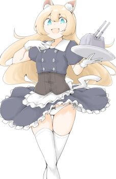 1girl adapted_turret akara_kai animal_ear_fluff animal_ears apron black_dress blonde_hair blue_eyes cat_ears cat_tail corset dress frilled_apron frilled_dress frills gloves highres jervis_(halloween)_(kancolle) jervis_(kancolle) kantai_collection long_hair panties smile tail thighhighs tray underwear waist_apron white_apron white_gloves white_panties white_thighhighs