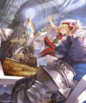 Rule 34 | 1girl, armor, blonde hair, book, cloak, closed mouth, eleanor (shadowverse), ezusuke, grey hair, highres, holding, holding quill, map, nicola (shadowverse), official art, open mouth, quill, setus (shadowverse), shadowverse, short hair, sitting, smile, thighhighs, white cloak