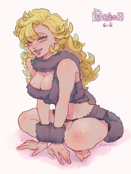 1girl ayla_(chrono_trigger) bare_shoulders barefoot blonde_hair breasts cavewoman chrono_trigger cleavage crop_top curly_hair dated eakanasu fur_scarf fur_shirt fur_skirt fur_wrist_cuffs green_eyes highres large_breasts long_hair midriff navel open_mouth sitting smile solo white_background wrist_cuffs