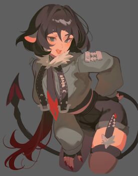 1girl animal_ears arm_behind_back black_gloves black_hair blue_eyes blush breasts commentary cropped_legs english_commentary fingerless_gloves fingernails fur-trimmed_jacket fur_trim garter_straps gloves grey_background grey_jacket hair_intakes hand_on_own_knee high-waist_shorts highres jacket jane_doe_(zenless_zone_zero) leaning_forward licking_lips long_hair looking_at_viewer mararu medium_breasts mouse_ears mouse_girl mouse_tail multicolored_hair necktie open_mouth red_hair red_nails sharp_tail shorts simple_background single_garter_strap single_thighhigh solo tail thighhighs tongue tongue_out two-tone_necktie zenless_zone_zero