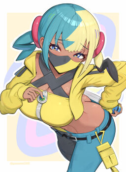 1girl absurdres aqua_hair ass bandeau belt black_belt black_mask black_pants blonde_hair blue_pants breasts butt_crack canari_(pokemon) cleavage criss-cross_halter crop_top dark-skinned_female dark_skin gonzarez halterneck highres jacket large_breasts mask midriff mouth_mask multicolored_hair navel nintendo pants pokemon pokemon_legends:_z-a short_twintails solo split-color_hair twintails two-tone_hair two-tone_mask yellow_bandeau yellow_jacket yellow_mask