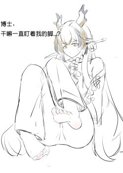 1girl absurdres arknights barefoot feet highres horns long_hair looking_at_viewer monochrome parted_lips shu_(arknights) sixu sketch soles sweat toes translated