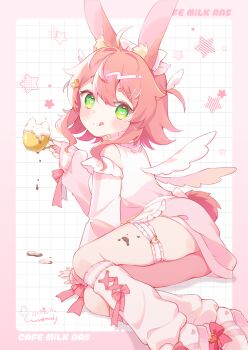Rule 34 | 1girl, ahoge, angel, animal ear fluff, animal ears, artist name, ass, blush, bow, breasts, closed mouth, coffee, coffee mug, cup, dress, eyebrows hidden by hair, frills, full body, green eyes, grid background, hair between eyes, hair ornament, heart, heart-shaped pupils, highres, holding, long sleeves, looking at viewer, looking back, maimai (game), mug, pink dress, pink hair, puffy long sleeves, puffy sleeves, rabbit ears, ras (maimai), ribbon, shoes, short hair, sidelocks, simple background, sitting, sleeves past wrists, smile, sneakers, socks, solo, star (symbol), symbol-shaped pupils, tail, thigh strap, thighs, white socks, wings, xiu geng wwemndy