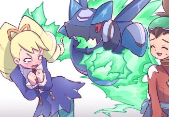 1girl 2boys blonde_hair blue_dress bow brown_hair bush closed_eyes dress drill_hair eyewear_on_head geo_stelar_(mega_man) grey_background hair_bow kika_tohoku long_hair luna_platz_(mega_man) mega_man_(series) mega_man_star_force_(series) multiple_boys omega-xis_(mega_man) open_mouth orange_bow red_eyes simple_background twin_drills very_long_hair