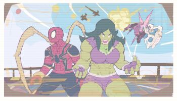 Rule 34 | 1girl, 3boys, abs, angry, breasts, character request, cleavage, commentary, daredevil, english commentary, explosion, floating, highres, holding, holding sword, holding weapon, looking to the side, marvel, marvel: cosmic invasion, michel teru, multiple boys, muscular, muscular female, official alternate costume, open mouth, outdoors, scanlines, she-hulk, spider-man, sword, teeth, upper body, weapon