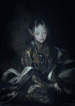 Rule 34 | 1girl, arm guards, barefoot, black hair, black theme, closed eyes, dark background, demon girl, full-body tattoo, gold, highres, horns, jewelry, lips, messy hair, muted color, necklace, nose, original, pale skin, parted bangs, parted lips, pointy ears, realistic, sash, shawl, shoulder sash, sitting, solo, strapless, tassel, tattoo, toraji, wariza