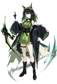 1girl arknights black_boots black_hair black_jacket boots c0ff1n3 chinese_commentary closed_mouth commentary_request dress full_body green_dress green_eyes green_hair highres jacket long_sleeves looking_at_viewer medium_hair mon3tr_(arknights) multiple_girls simple_background sleeves_past_fingers sleeves_past_wrists solo standing thigh_strap white_background