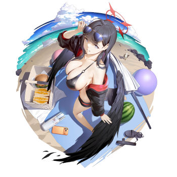 1girl absurdres ball beach beach_mat beachball bikini bird black_bikini black_jacket black_shorts black_wings blue_archive blue_eyes breasts burger cellphone cleavage cloud commentary eyewear_on_head feathered_wings food from_above fruit grin halo highres ichika_(blue_archive) ichika_(swimsuit)_(blue_archive) jacket kneeling large_breasts long_hair looking_at_viewer lotion low_wings najiu_jiao_xiaolan_ba o-ring o-ring_bikini o-ring_top phone red_halo rock sand sandwich shore shorts sideboob single_off_shoulder sky slippers smartphone smile sunscreen swimsuit unusually_open_eyes water watermelon white_background wings