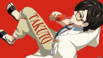 1boy anarogiizu black-framed_eyewear blue_necktie blue_shirt body_writing brown_eyes brown_hair brown_pants character_name clothes_writing crossed_legs drinking from_above glasses hair_over_one_eye hand_in_pocket highres invisible_chair juice_box lab_coat looking_at_viewer male_focus maruki_takuto necktie pants pants_rolled_up parody persona persona_5 persona_5_the_animation persona_5_the_royal polka_dot_necktie red_background sandals shirt signature simple_background sitting solo