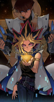 2boys absurdres alternate_form arm_cuffs arm_strap bare_shoulders behind_another belt black_background black_belt black_choker black_hair black_pants black_shirt black_wrist_cuffs blue_eyes blue_jacket broken broken_chain brown_hair chain chain_around_neck chain_necklace choker coat colored_bangs digital_dissolve dual_persona facing_viewer ghost glowing gold_ring gold_wrist_cuffs grin hand_on_another&#039;s_cheek hand_on_another&#039;s_face hand_on_another&#039;s_shoulder hand_up highres holding holding_chain jacket jacket_on_shoulders jewelry jingshen_fensui kaiba_seto light_particles looking_at_viewer male_focus metal_wrist_cuffs millennium_puzzle multiple_boys necklace open_clothes open_jacket outdoors outstretched_arms pants popped_collar red_eyes red_hair saka_nagiya shirt sleeveless sleeveless_shirt smile sparkle spiked_hair strangling tan trench_coat walking_towards_viewer white_jacket wrist_cuffs yami_yugi yu-gi-oh! yu-gi-oh!_duel_monsters