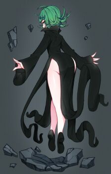 1girl ass black_dress curly_hair debris dress floating from_behind full_body green_eyes green_hair highres long_sleeves looking_back one-punch_man punipaws rock short_hair solo tatsumaki wide_sleeves