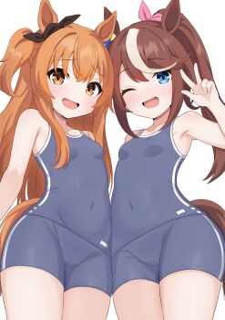 2girls :d ;d animal_ears arm_at_side arm_behind_back armpit_crease armpits bare_arms bare_shoulders blue_eyes blue_one-piece_swimsuit blush bow breasts brown_hair brown_ribbon clenched_hand clothing_cutout collarbone competition_school_swimsuit covered_navel cowboy_shot double-parted_bangs ear_ornament ear_ribbon embarrassed flipped_hair from_below from_side furrowed_brow groin hair_between_eyes hair_ribbon hand_up happy high_ponytail hip_focus horse_ears horse_girl horse_tail legs_together loli long_hair looking_at_viewer looking_down mayano_top_gun_(umamusume) moke_(moke_dayo) multicolored_hair multiple_girls one-piece_swimsuit one_eye_closed open_mouth orange_eyes orange_hair piercing pink_bow pink_ribbon ponytail raised_eyebrows ribbon school_swimsuit side-by-side sidelocks simple_background single_vertical_stripe small_breasts smile standing streaked_hair swept_bangs swimsuit tail tail_through_clothes thighs tokai_teio_(umamusume) tracen_swimsuit two-tone_hair two_side_up umamusume w white_background white_hair wide_hips