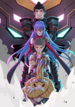 1girl 3boys alternate_universe bare_shoulders black_hair blue_hair brown_hair goggles group_picture group_pose highres malos_(xenoblade) mebi_il multiple_boys nopon poppi_(xenoblade) poppi_qtpi_(xenoblade) purple_eyes red_scarf rex_(xenoblade) scarf tora_(xenoblade_2) xenoblade_chronicles_(series) xenoblade_chronicles_2 yellow_eyes
