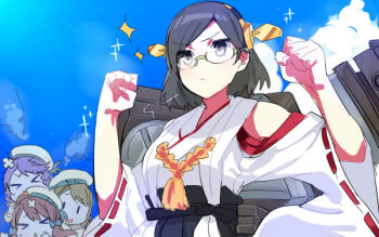 Rule 34 | 10s, 4girls, clenched hands, day, error musume, fairy (kancolle), fist pump, girl beaten by a cat (kancolle), girl holding a cat (kancolle), glasses, green-framed eyewear, kantai collection, kirishima (kancolle), kneeling girl (kancolle), multiple girls, nontraditional miko, outdoors, sky, solo focus, sparkle, yomosaka