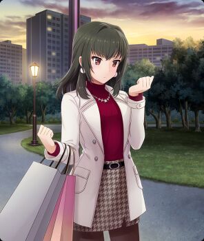 1girl bag belt black_belt brown_pantyhose brown_skirt building cityscape cloud coat cowboy_shot earrings game_cg grass green_hair hair_intakes hands_up holding holding_bag jewelry juujou_kagari lamppost medium_hair necklace official_art open_clothes open_coat pantyhose park pom_pom_(clothes) pom_pom_earrings print_skirt red_eyes red_sweater ribbed_sweater shopping_bag sidelocks skirt sky solo stone_walkway sweater third-party_source toji_no_miko toji_no_miko:_kizamishi_issen_no_tomoshibi tree turtleneck turtleneck_sweater white_coat yellow_sky