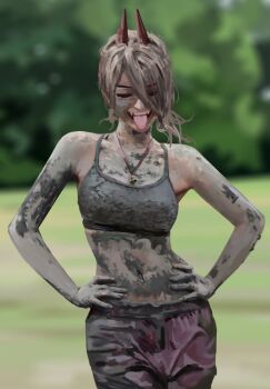 1girl blurry blurry_background chainsaw_man closed_eyes commentary dana_(ocana_dana) demon_girl demon_horns dirty dirty_clothes dirty_face english_commentary fangs grey_sports_bra hands_on_own_hips highres horns jewelry mud navel necklace open_mouth outdoors pants photo-referenced power_(chainsaw_man) purple_pants red_horns solo sports_bra teeth tongue tongue_out upper_teeth_only