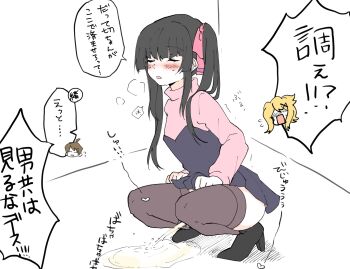 1boy 2girls akatsuki_kirika black_hair black_shoes black_thighhighs blonde_hair blush breasts breath brown_hair closed_eyes dress floating_head hair_ribbon heart high_heels highres long_hair long_sleeves medium_breasts multiple_boys multiple_girls no_panties ogawa_shinji_(symphogear) open_mouth peeing pink_dress puddle purple_dress ribbon senki_zesshou_symphogear shoes short_hair smile squatting surprised sweat symphony109 thighhighs tsukuyomi_shirabe turtleneck turtleneck_dress twintails