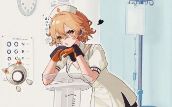 1girl black_gloves boots commentary gloves hat medium_hair nad0_55 nurse_cap nurse_robot_type_t nurse_robot_type_t_(vocaloid6) orange_eyes orange_gloves orange_hair shirt solo symbol-only_commentary two-tone_gloves utau vocaloid white_boots white_shirt