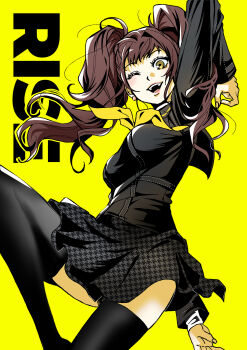 1girl absurdres black_shirt black_skirt black_thighhighs blush breasts brown_eyes brown_hair commentary earrings highres jewelry kujikawa_rise large_breasts long_hair long_sleeves looking_at_viewer neckerchief one_eye_closed open_mouth persona persona_4 sa1meunegg school_uniform serafuku shirt skirt smile solo symbol-only_commentary teeth thighhighs twintails yasogami_school_uniform yellow_eyes yellow_neckerchief