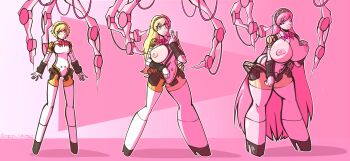 absurdres aigis_(persona) alternate_breast_size_(larger) alternate_hairstyle bathroom bimbofication breasts collar colored_skin female_focus full_body gynoid henshin high_heels highres huge_breasts large_breasts leash lipstick makeup mechanical medium_breasts mind_control persona persona_3 pink_eyes pink_hair pink_skin pink_theme progression robot robot_girl rubber santacalamitas standing thick_lips transformation