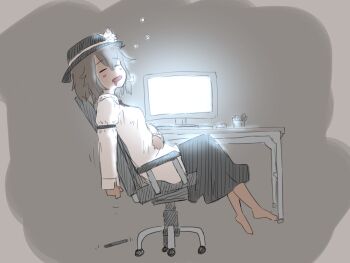 1girl armlet barefoot black_skirt breasts brown_hair chair drooling dropped_object fedora hand_on_own_stomach hat highres jewelry juliet_sleeves long_sleeves mocchiru monitor mouth_drool necktie office_chair pen puffy_sleeves shirt skirt sleeping small_breasts swivel_chair table touhou usami_renko white_shirt