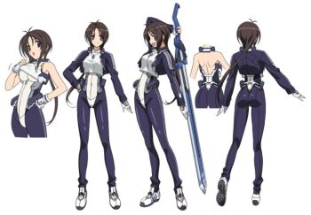 ass bodysuit brown_hair clothes_lift kyoukaisenjou_no_horizon looking_at_viewer official_art oriotorai_makiko short_hair simple_background skin_tight smile sword weapon white_background