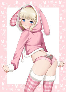 1girl alternate_costume animal_hood ass blonde_hair blue_eyes from_behind fur-trimmed_jacket fur_trim highres hood hooded_jacket jacket kantai_collection long_hair looking_back pink_jacket pink_thighhighs plaid_clothes plaid_thighhighs rabbit_hood rabbit_tail ranger_(kancolle) smile solo tail thighhighs yomogi_dango